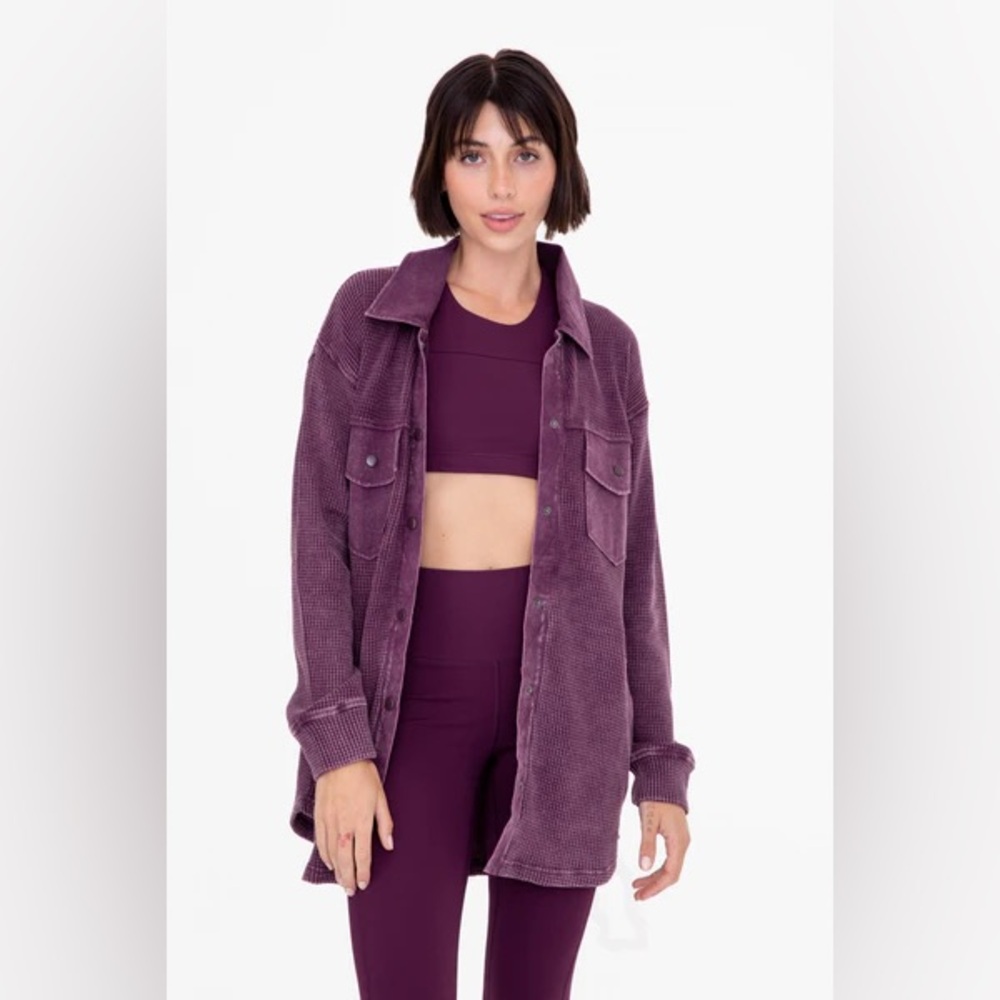 Waffle knit mineral wash shacket